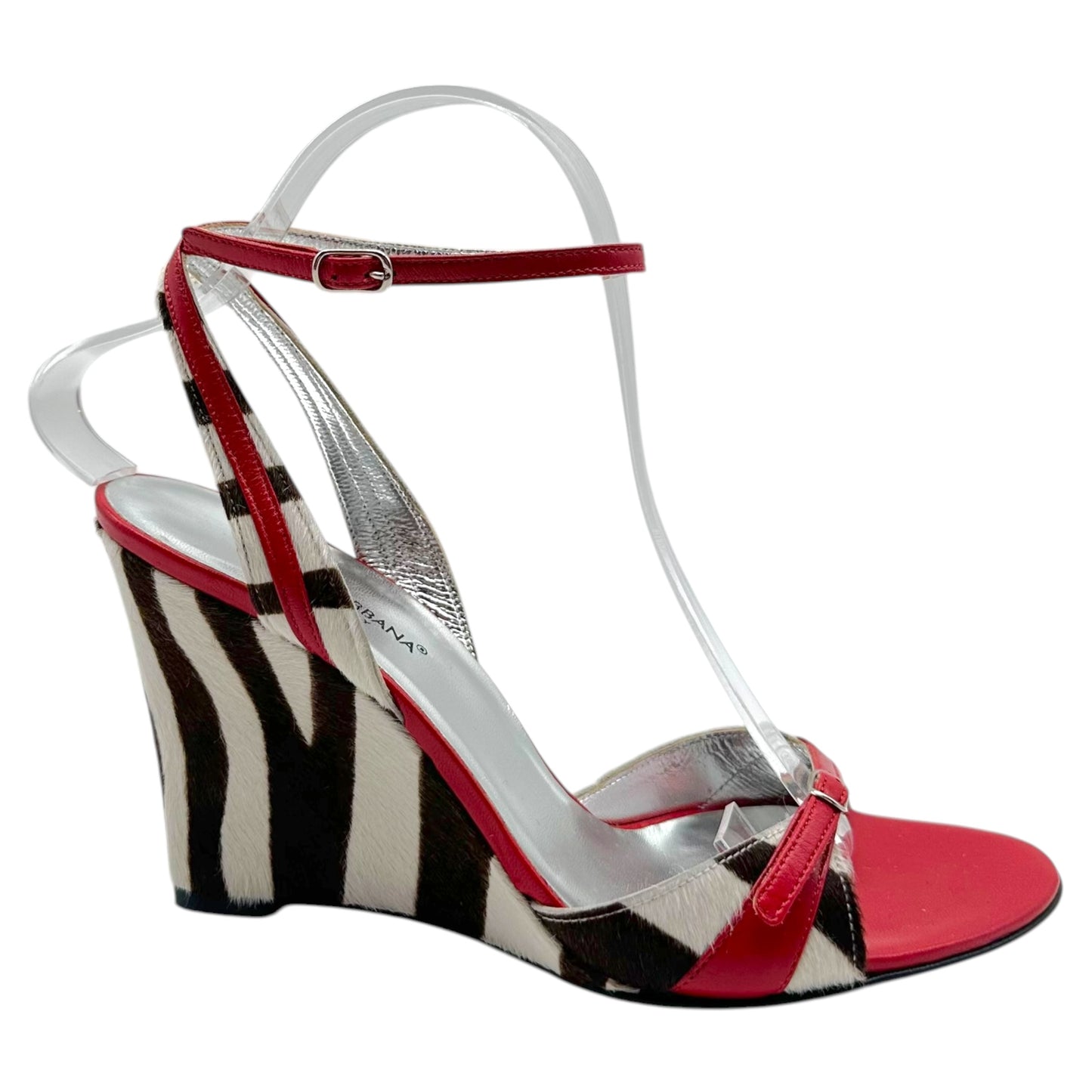 Dolce & Gabbana Zebra Print Ponyhair & Red Leather Wedge Heel Sandals