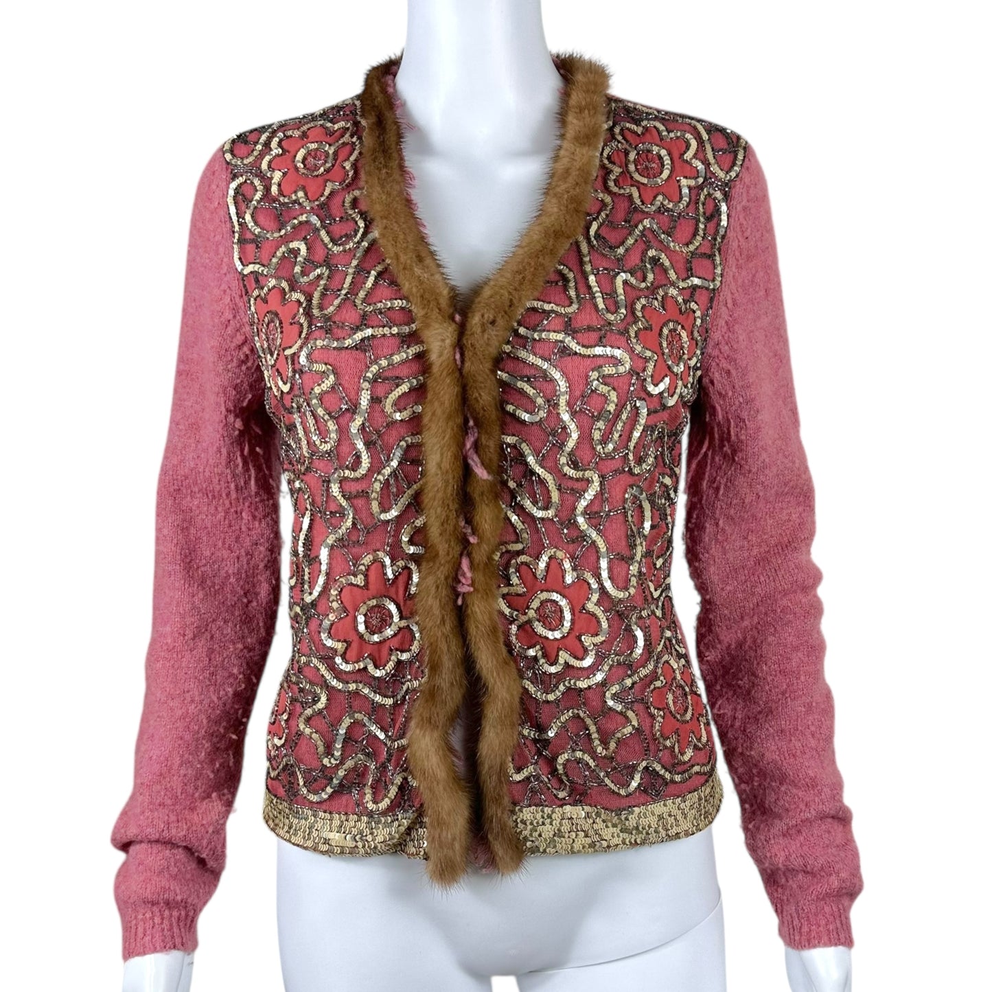 Blumarine Pink Beaded Rabbit Fur Trim Cardigan - Outfit Repeater