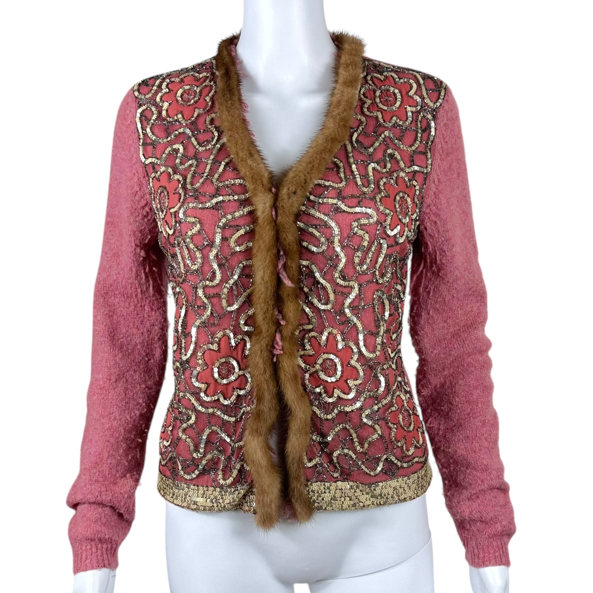 Blumarine Pink Beaded Rabbit Fur Trim Cardigan - Outfit Repeater