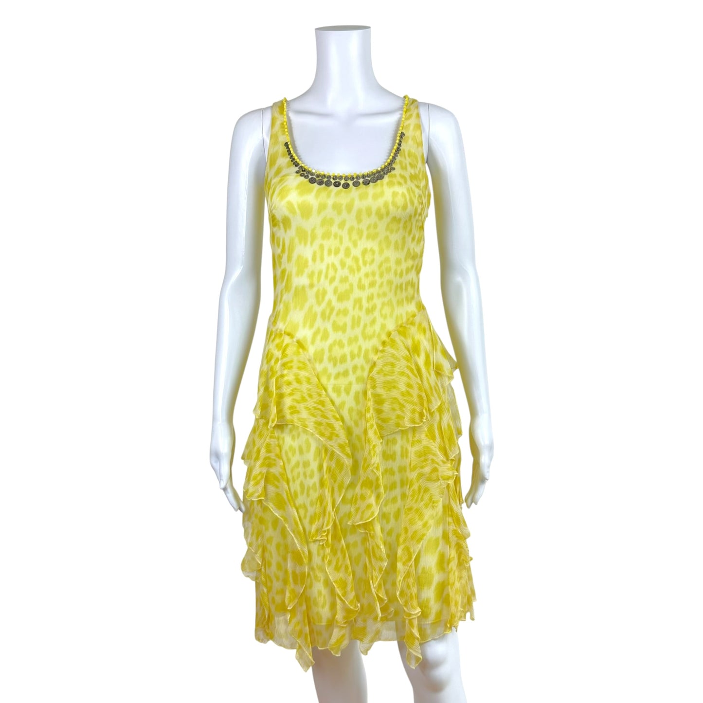 Blumarine Yellow Leopard Print Silk Midi Dress