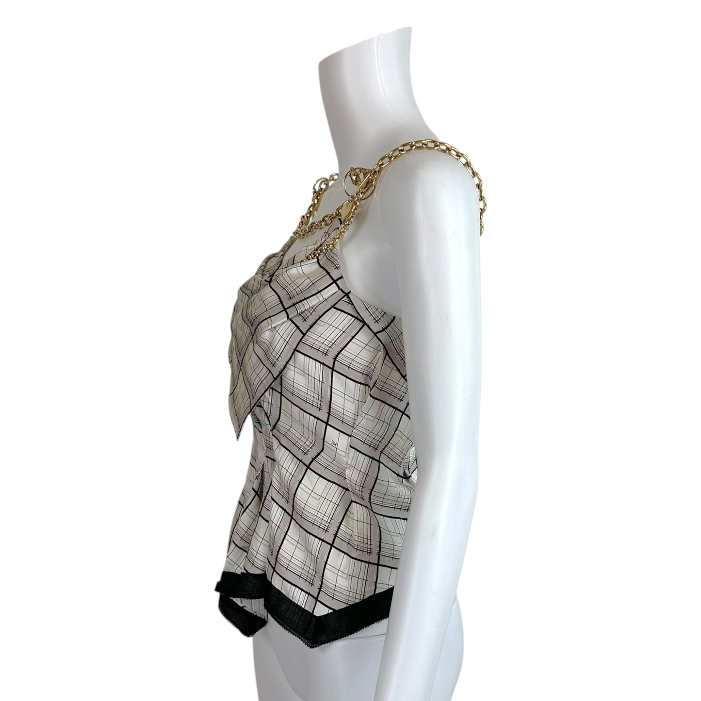 Louis Vuitton Plaid Print Silk Bustier Blouse w/ Gold Logo Charm Chain Strap