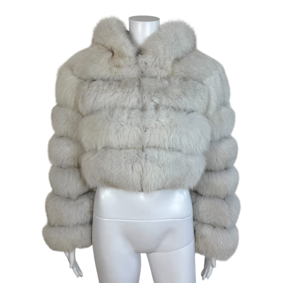 White Cropped Hooded Fox Fur Coat