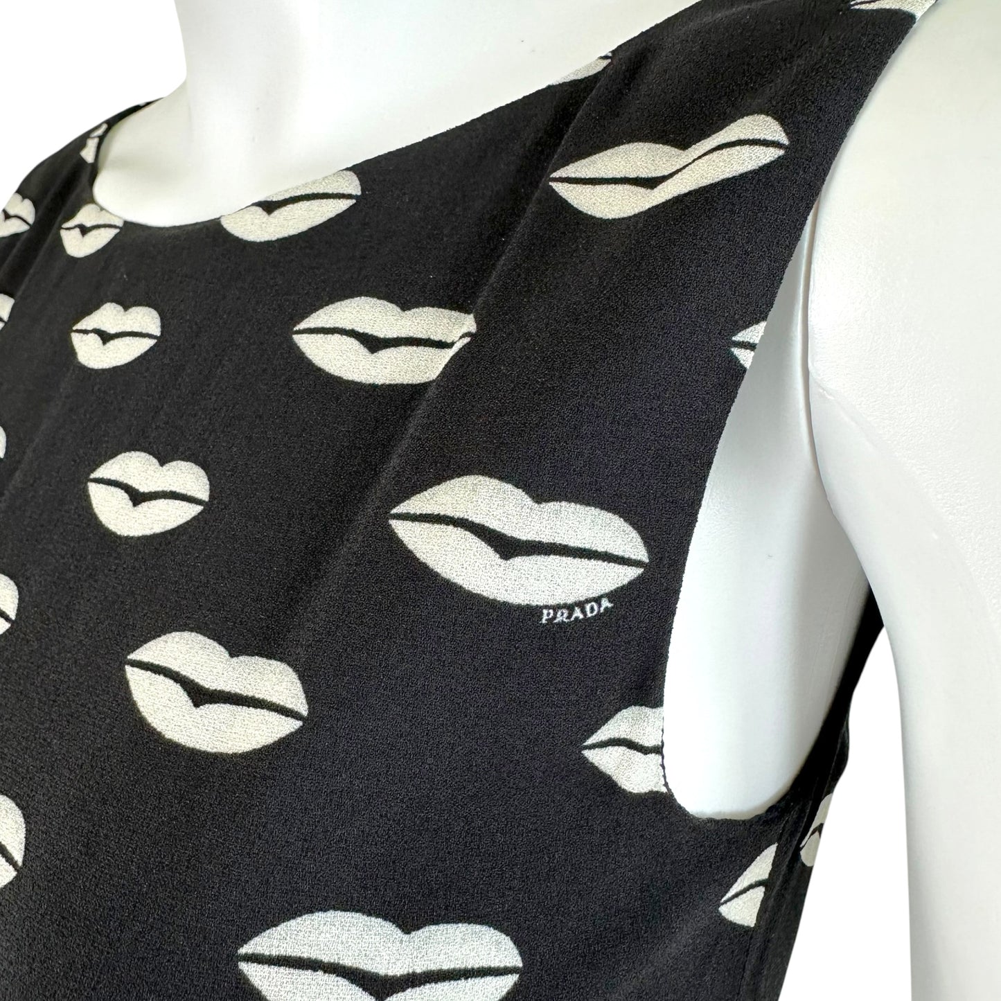 Prada A-Line Midi Dress Black White Lip Print