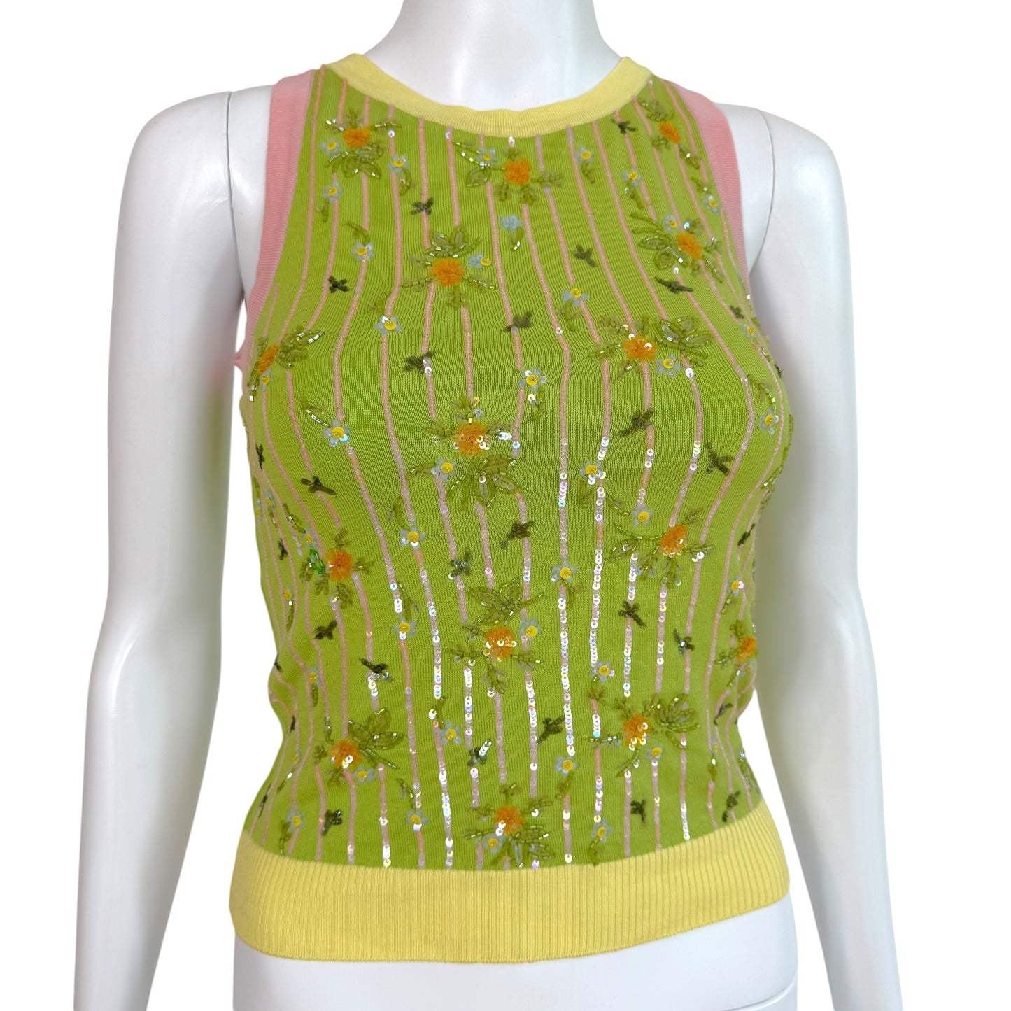 Valentino Garvani Green Floral Beaded & Sequin Knit Tank Top