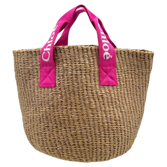 Chloé Pink Logo Handle Woven Wicker Basket Bag NEW