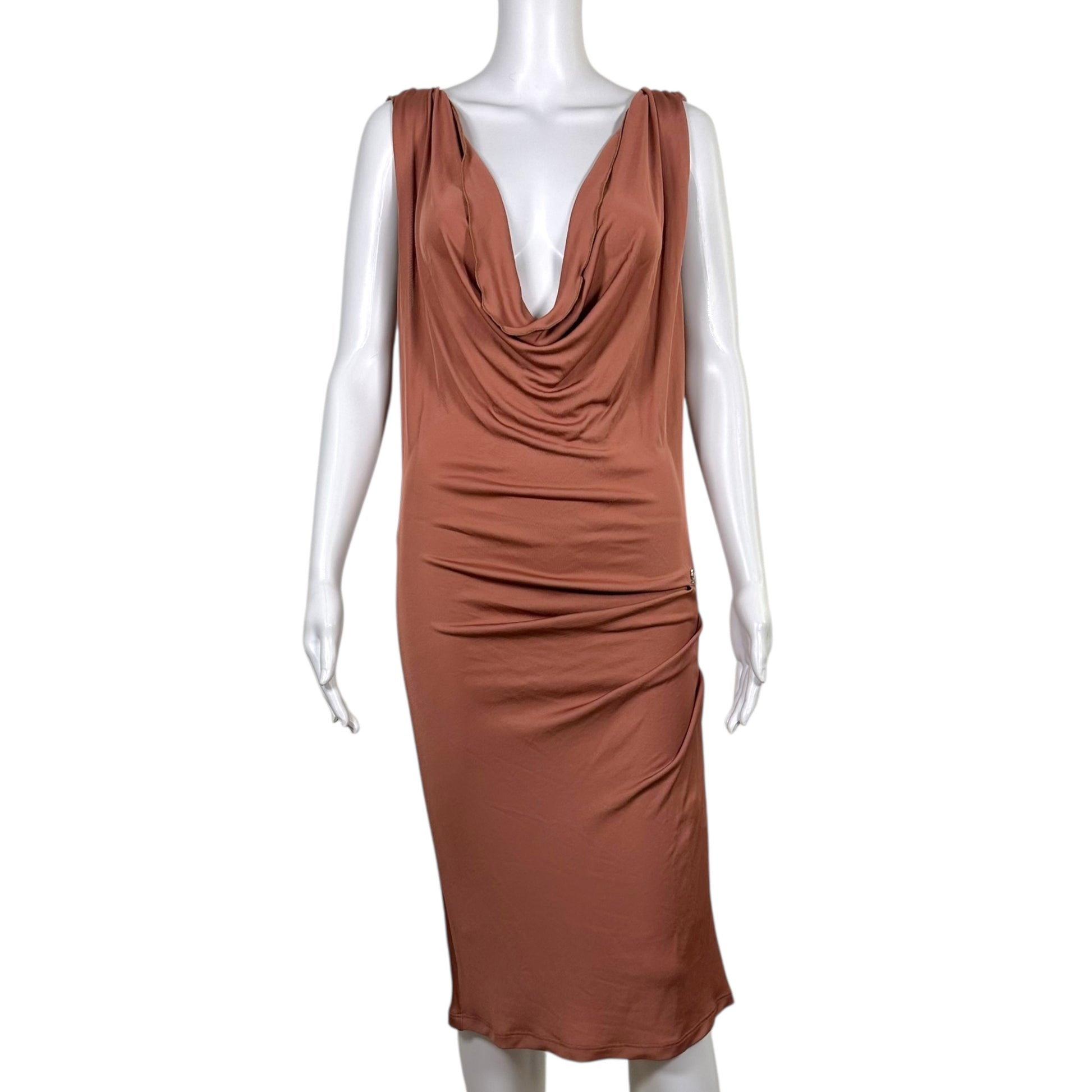 Galliano Midi Dress Terracotta Cowl Neck Open Back