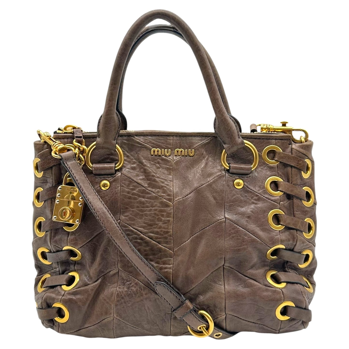 Miu Miu Brown Leather & Gold Rivet Studded 2-Way Bag