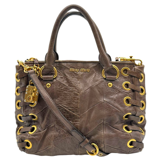Miu Miu Brown Leather & Gold Rivet Studded 2-Way Bag