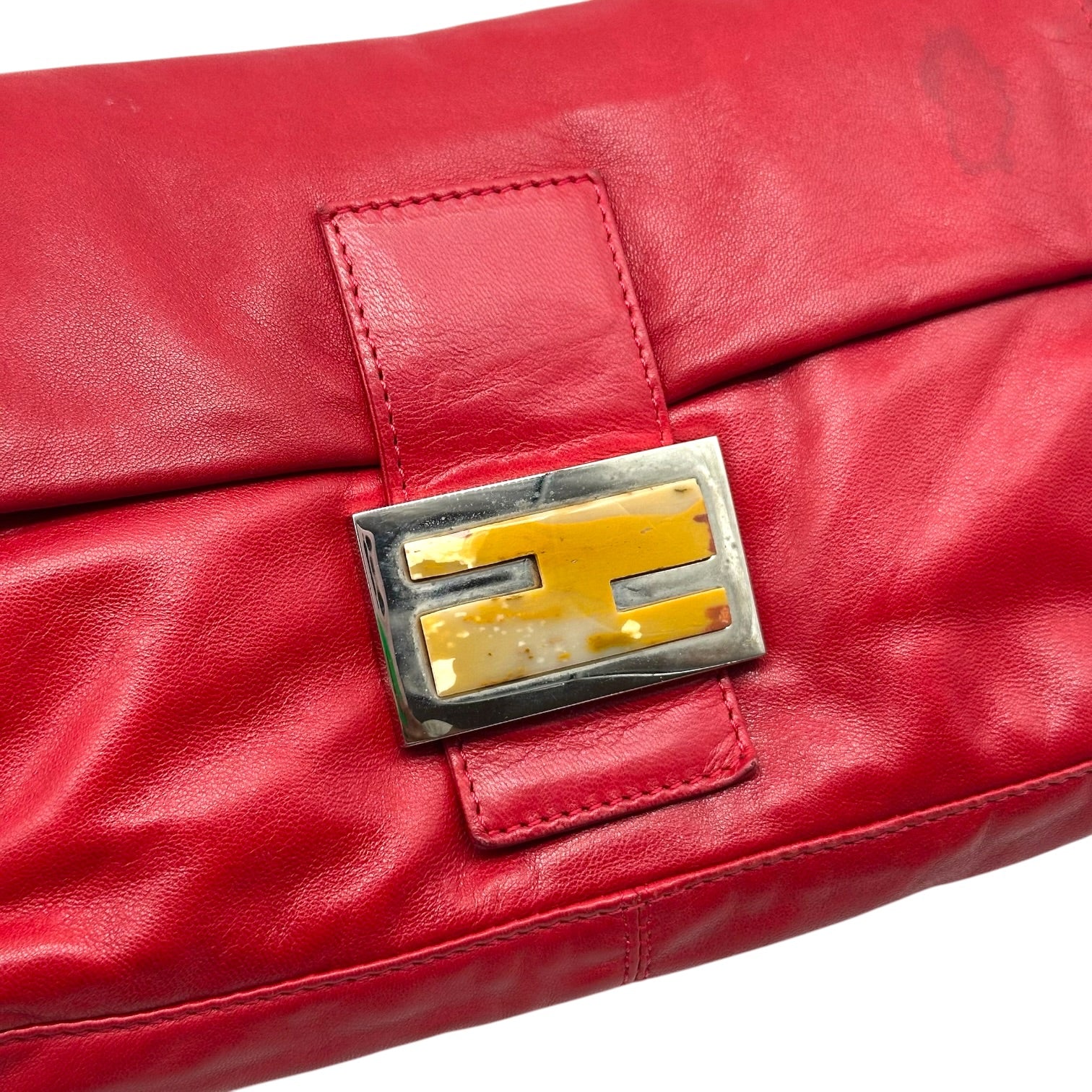 Fendi Red Leather Baguette Shoulder Bag with Yellow Stone