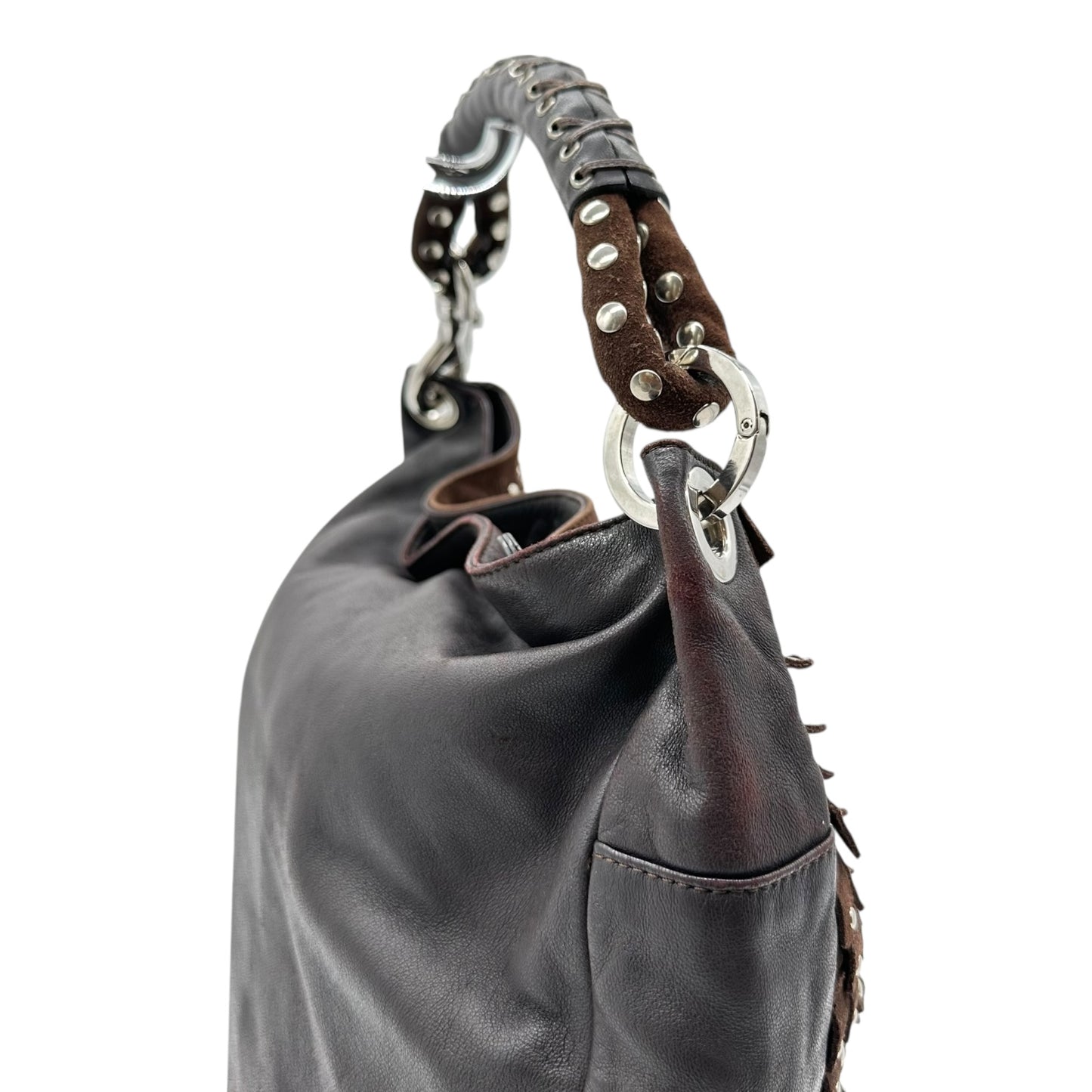 Jimmy Choo Brown Suede & Leather Studded Fringe Hobo Bag