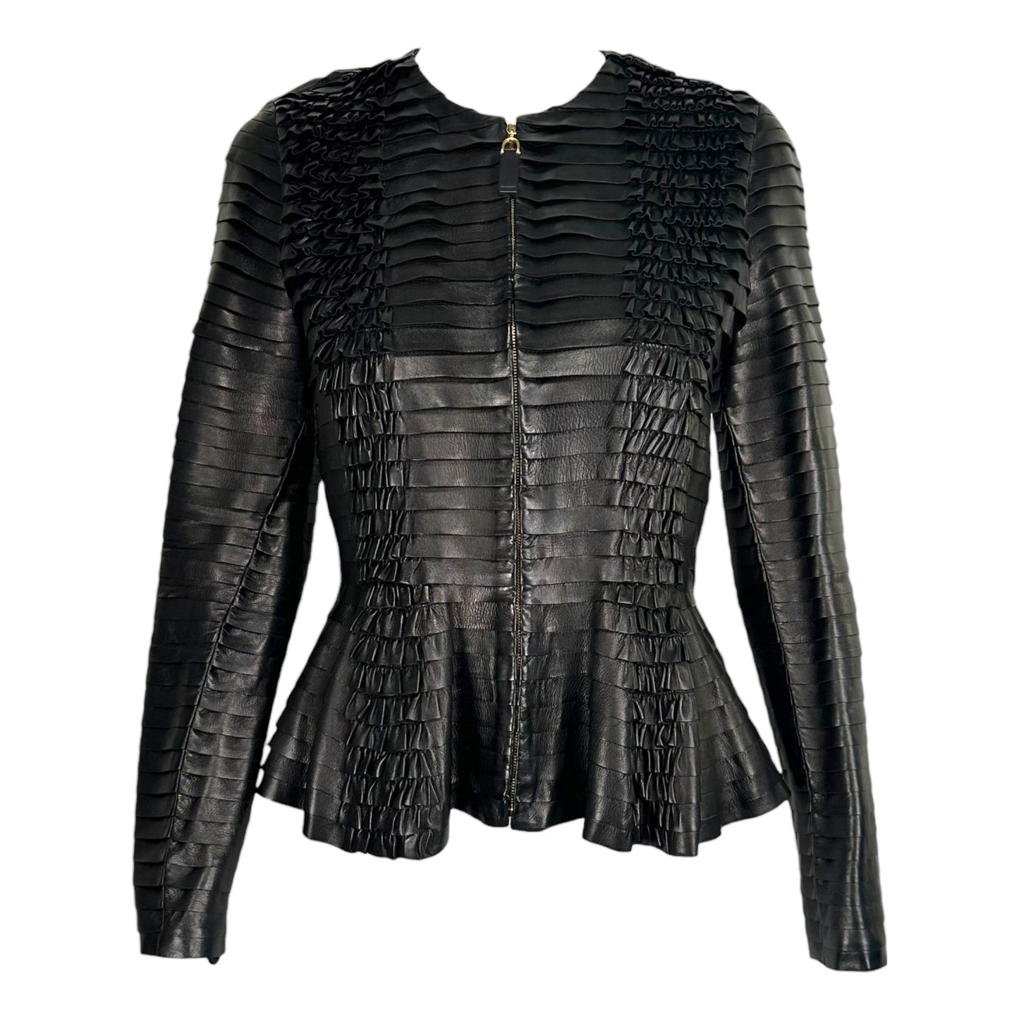 Gucci Black Lambskin Leather Ruffle Peplum Jacket