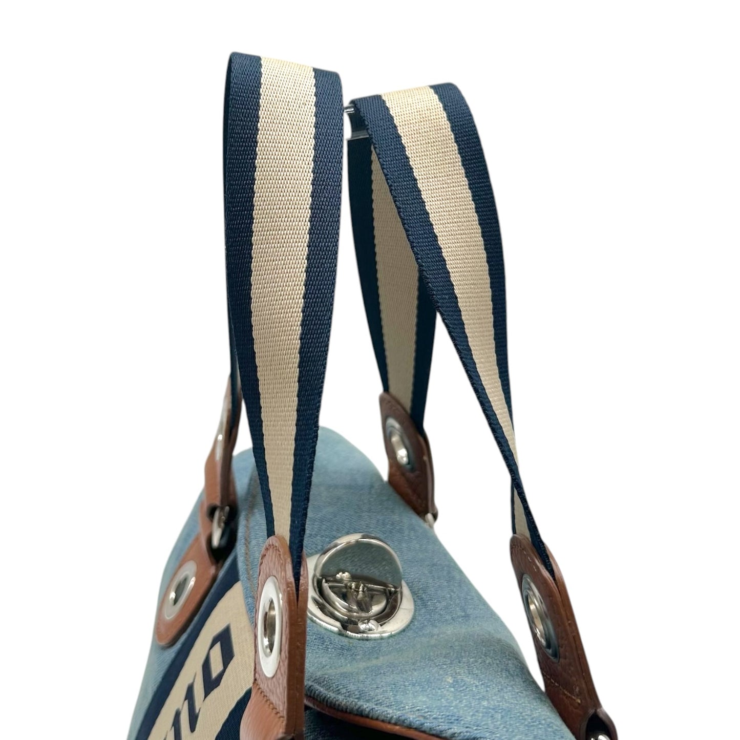 Galliano Brown Leather & Denim Logo Stripe Handbag
