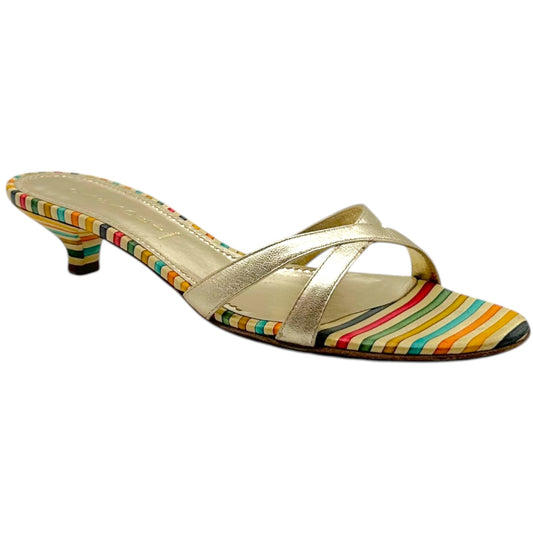 Casadei Metallic Gold & Multicolor Striped Kitten Heel Mule Sandals