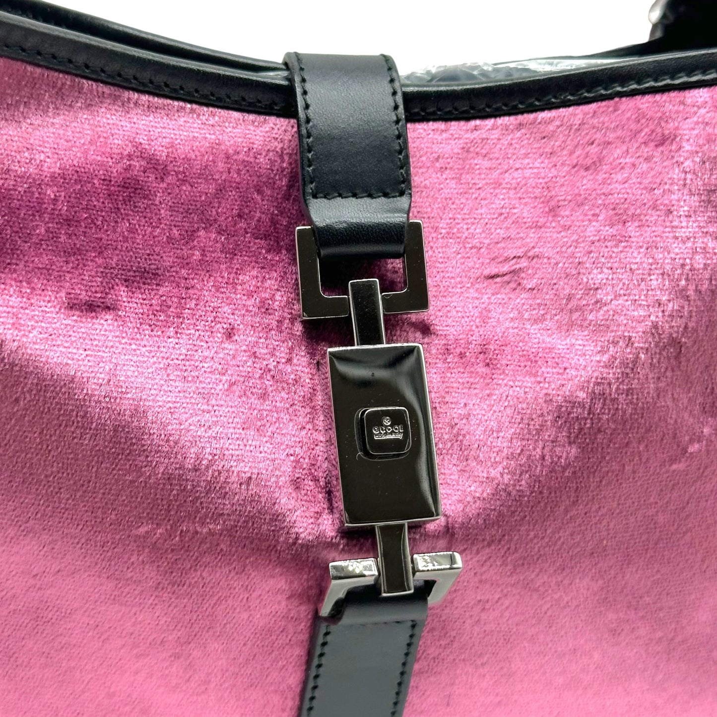 Gucci Pink Black Leather Velvet Shoulder Bag