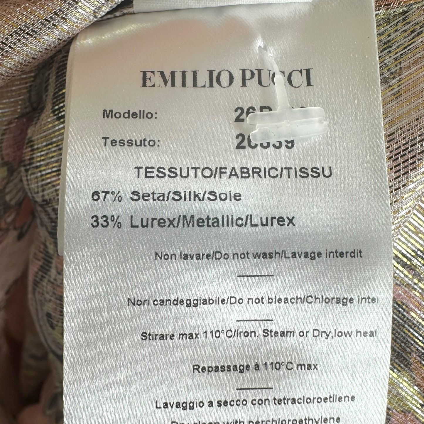 Emilio Pucci Silk Blouse Orange Pink Metallic Tie Neck
