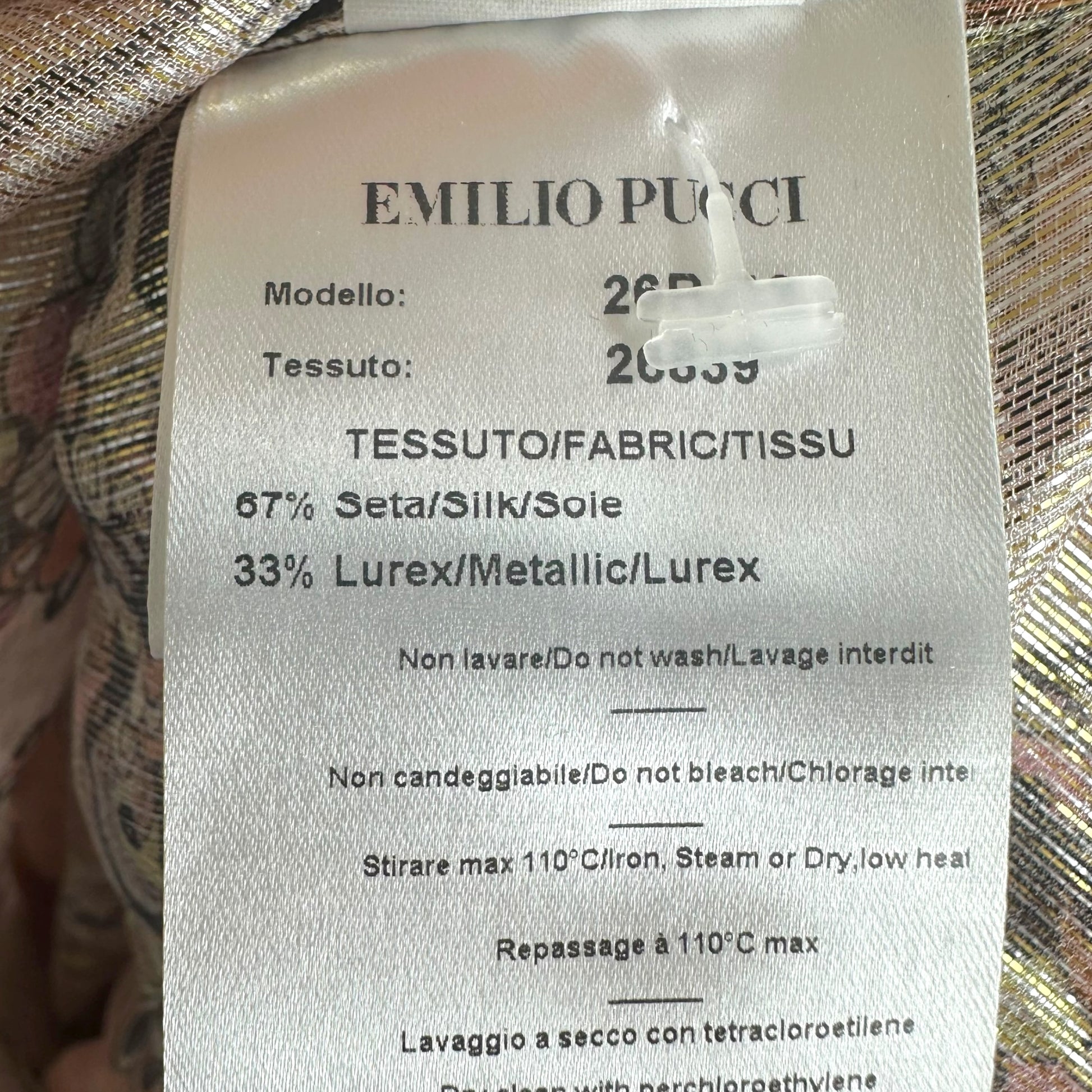Emilio Pucci Silk Blouse Orange Pink Metallic Tie Neck