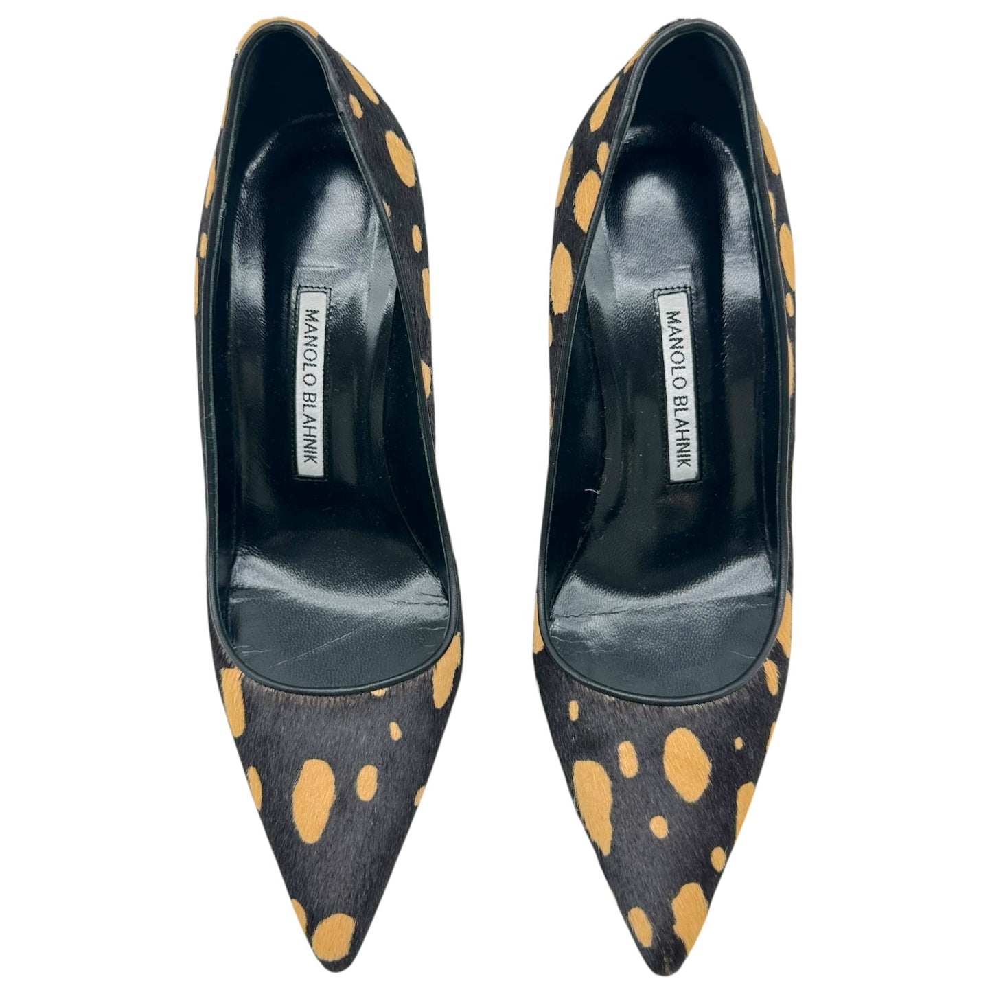 Manolo Blahnik Brown & Yellow Spotted Ponyhair Pointed Toe Pumps
