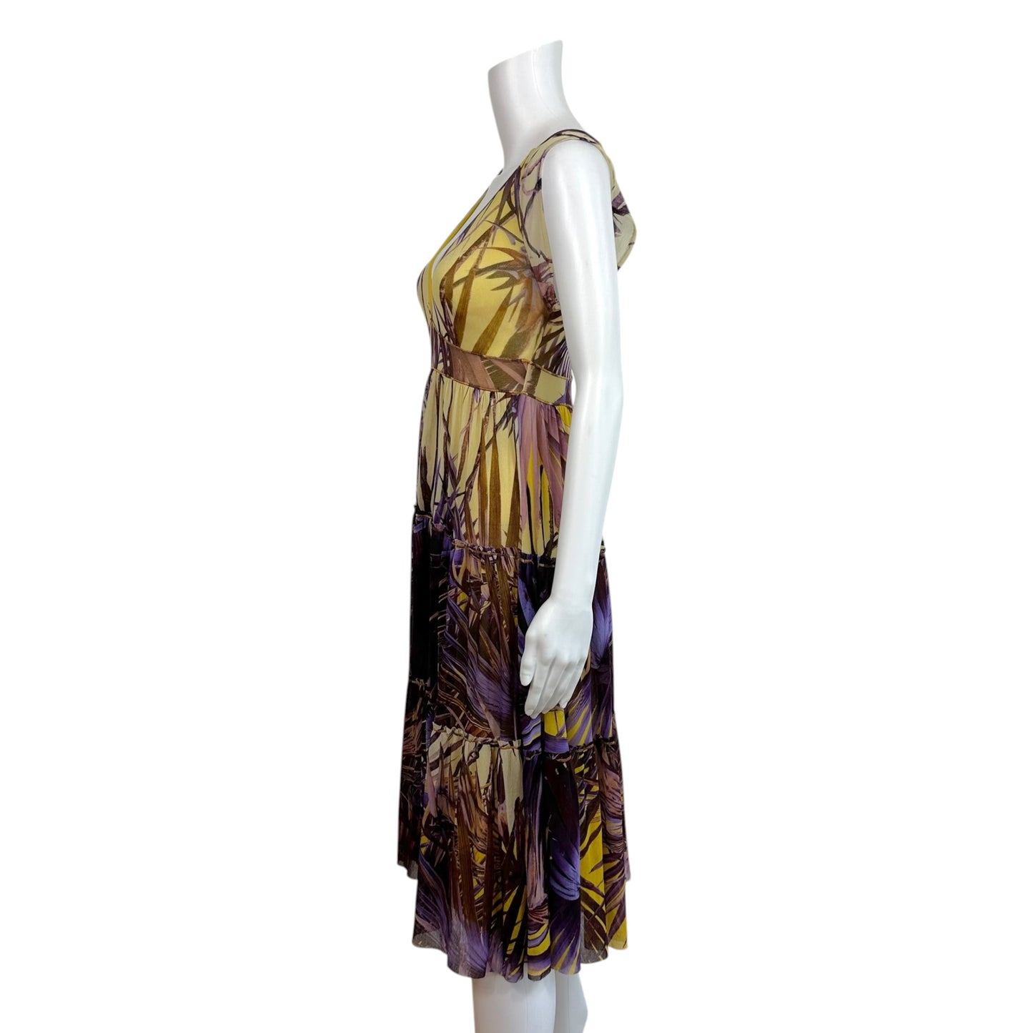 Jean Paul Gaultier Soleil Purple & Yellow Palm Printed Tiered Mesh Midi Dress