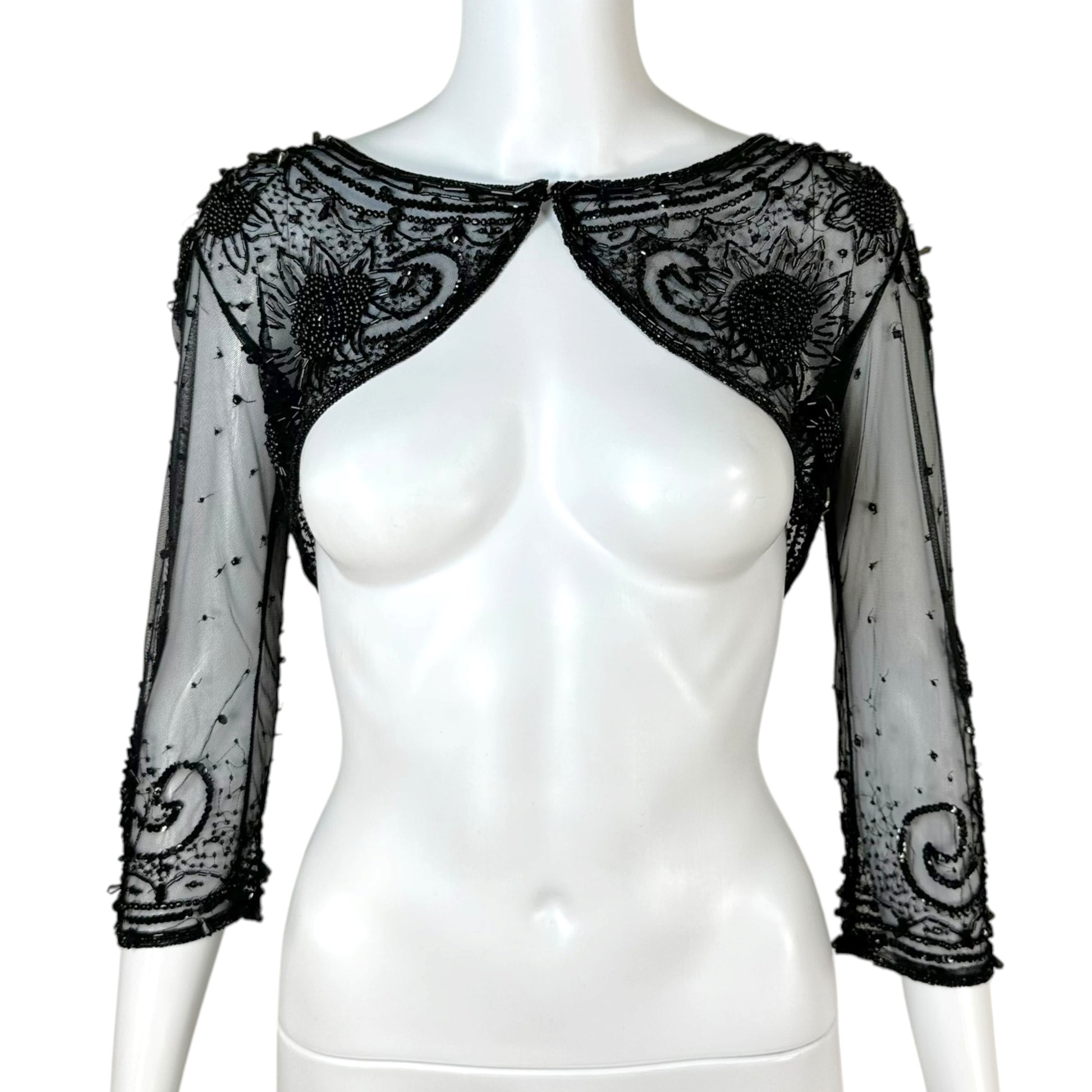 Galliano Black Beaded Open Knit Cropped Bolero Cardigan