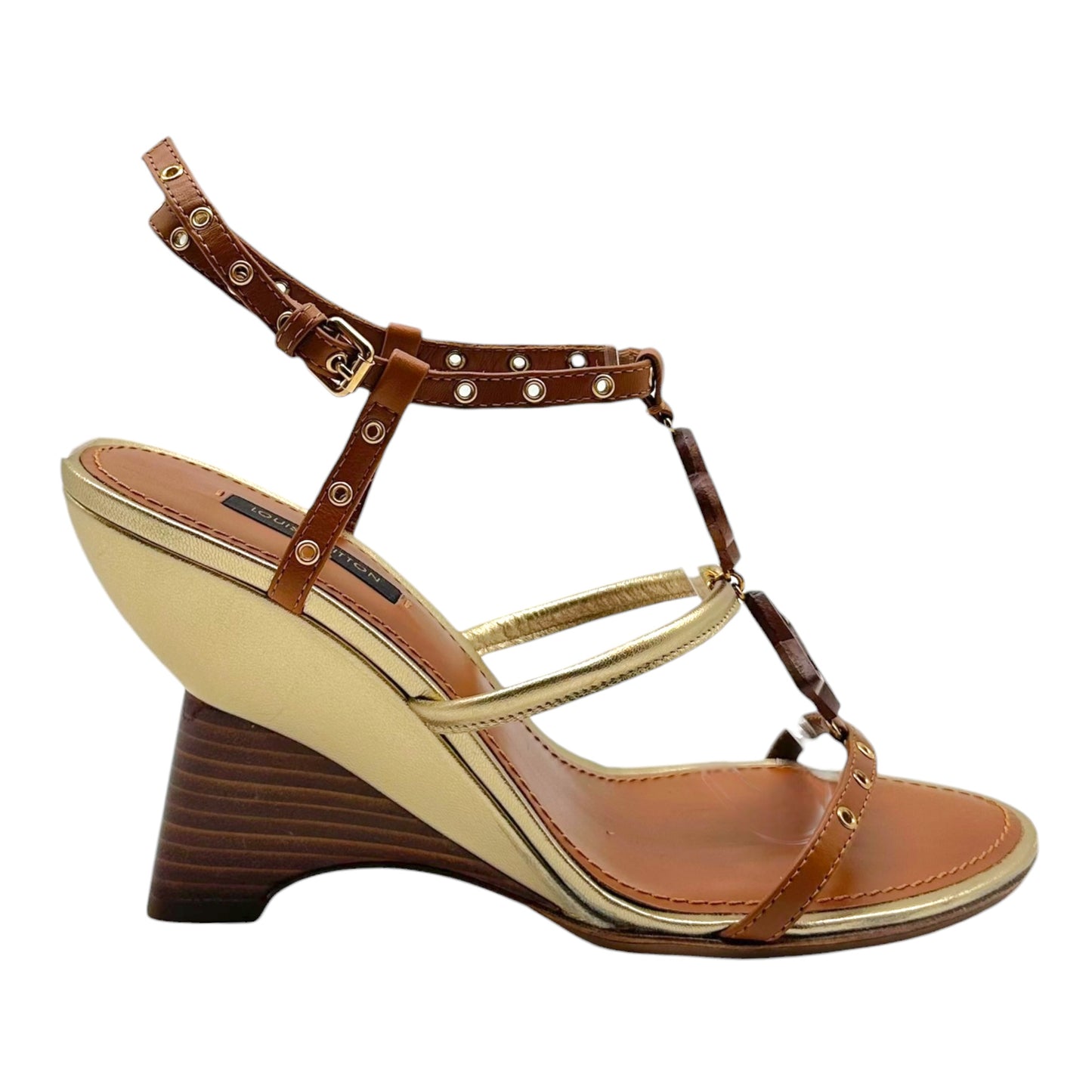 Louis Vuitton Brown & Gold Logo Motif Wooden Wedge Heel Sandals