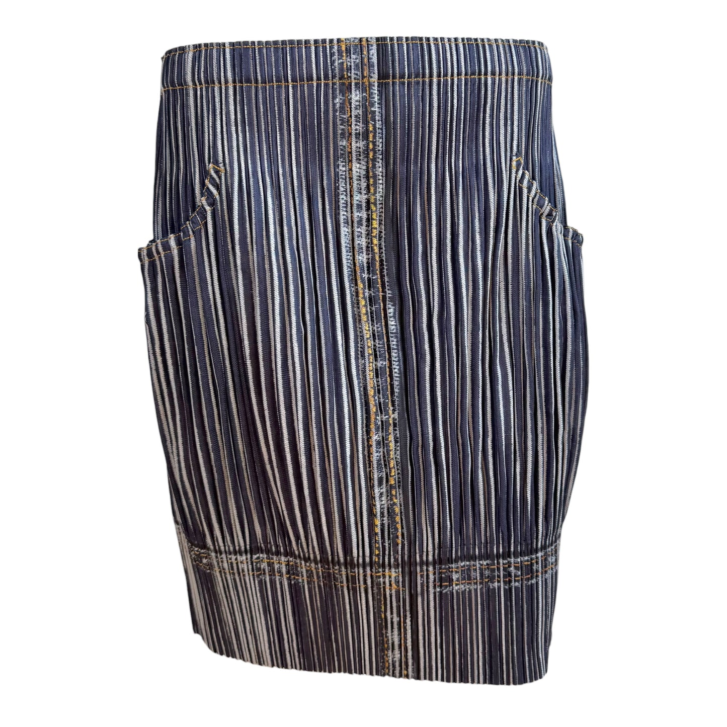 Issey Miyake Pleats Please Two-Tone Denim Print Pleated Balloon Midi Skirt Sz 3