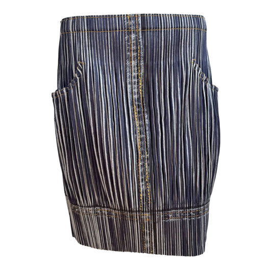 Issey Miyake Pleats Please Two-Tone Denim Print Midi Skirt
