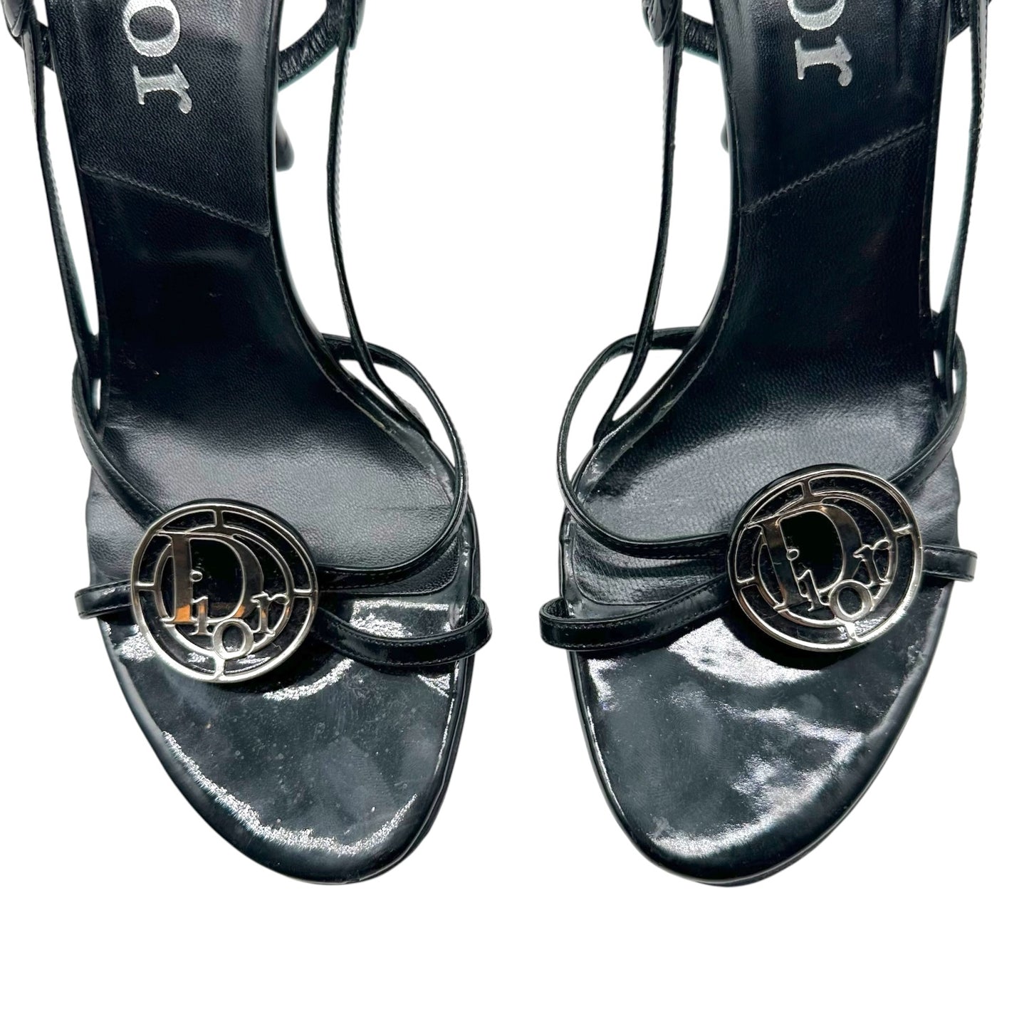Christian Dior Black Strappy Logo Charm Sandal Heels