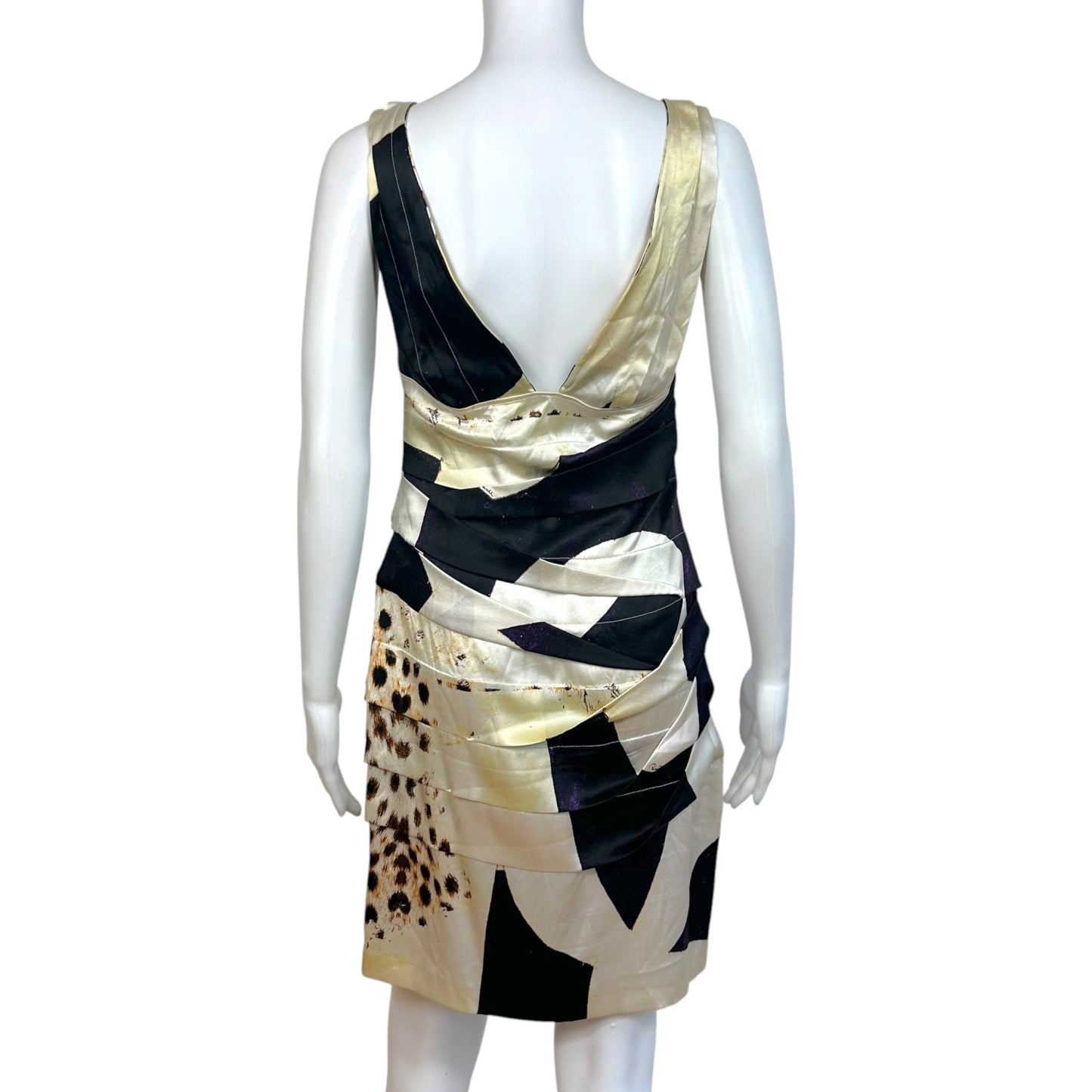 Roberto Cavalli Black & Ivory Striped Leopard Print Silk Plunge Mini Dress