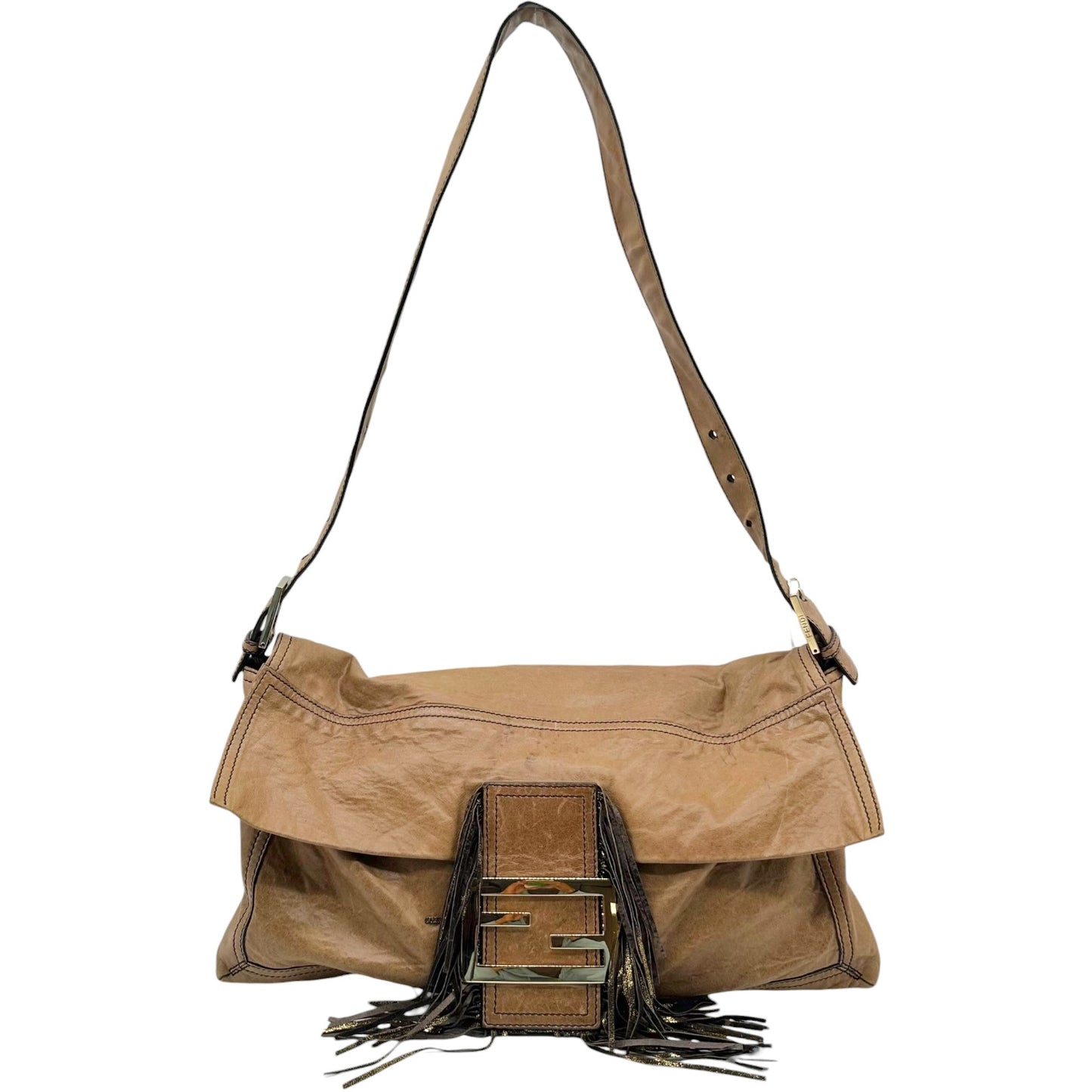 Fendi Tan Leather Fringe Trim XL 2-Way Baguette Bag