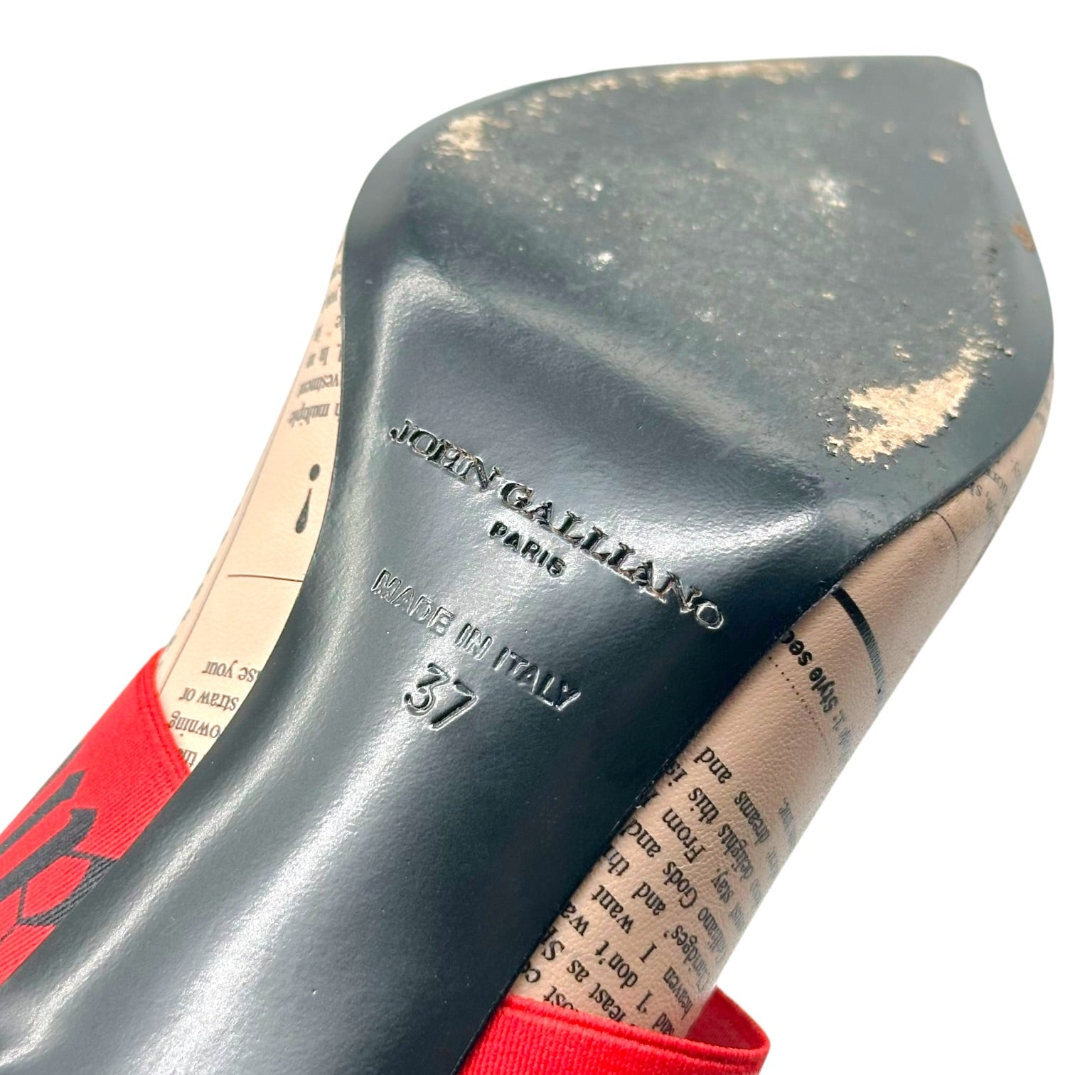 John Galliano Pointed Toe Heels Nude Newsprint Red Straps
