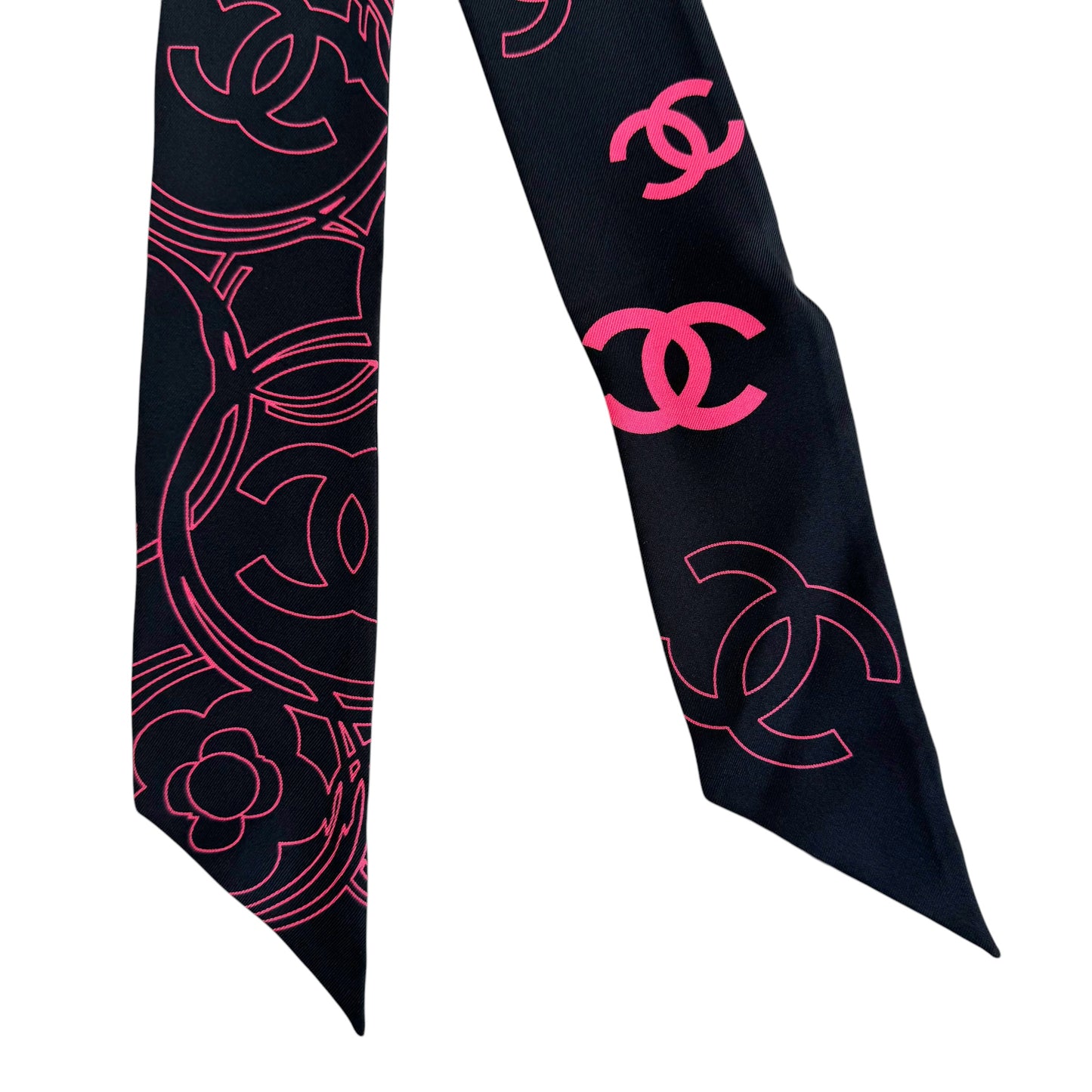 Chanel Pink & Black Logo Print Silk Twilly Scarf