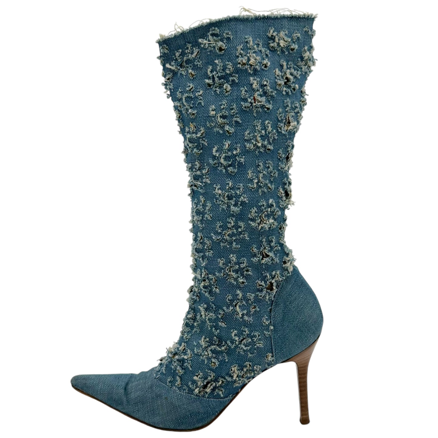 Versace Versus Distressed Denim Pointed Toe Boots - Outfit Repeater