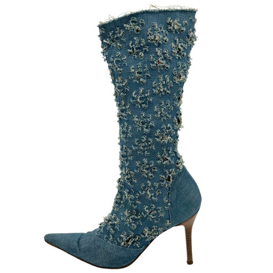 Versace Versus Distressed Denim Pointed Toe Boots - Outfit Repeater
