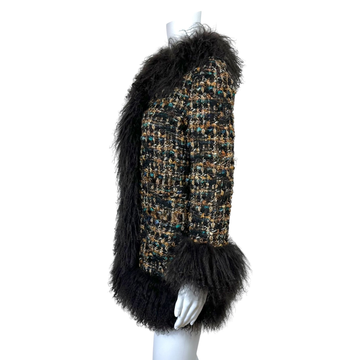 Dolce & Gabbana Brown Multicolor Tweed & Mongolian Lamb Fur Penny Lane Jacket