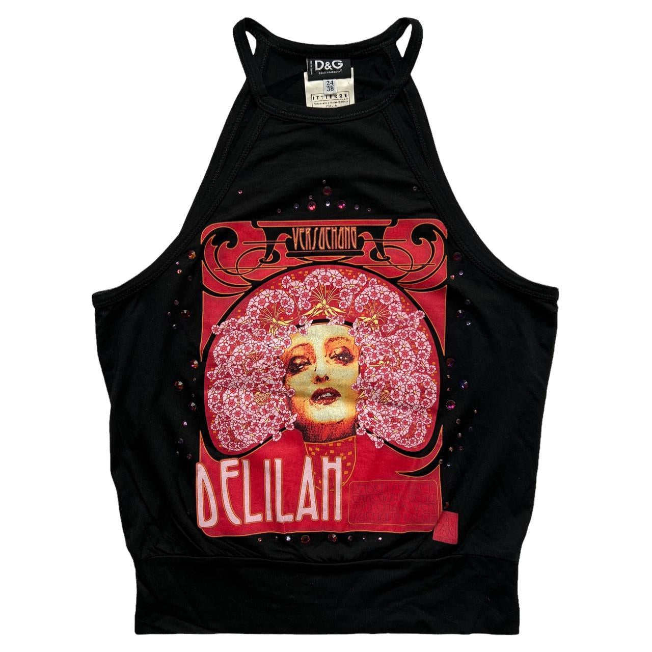 D&G Dolce & Gabbana Delilah Embellished Black Graphic High Neck Tank Top