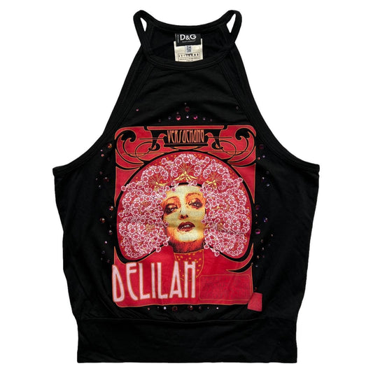 D&G Dolce & Gabbana Delilah Embellished Black Graphic High Neck Tank Top