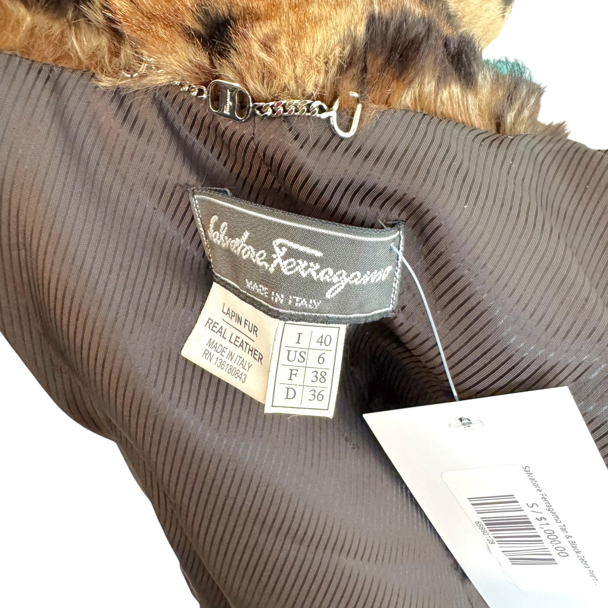 Salvatore Ferragamo Mid-Length Fur Coat Tan Black Zebra Print