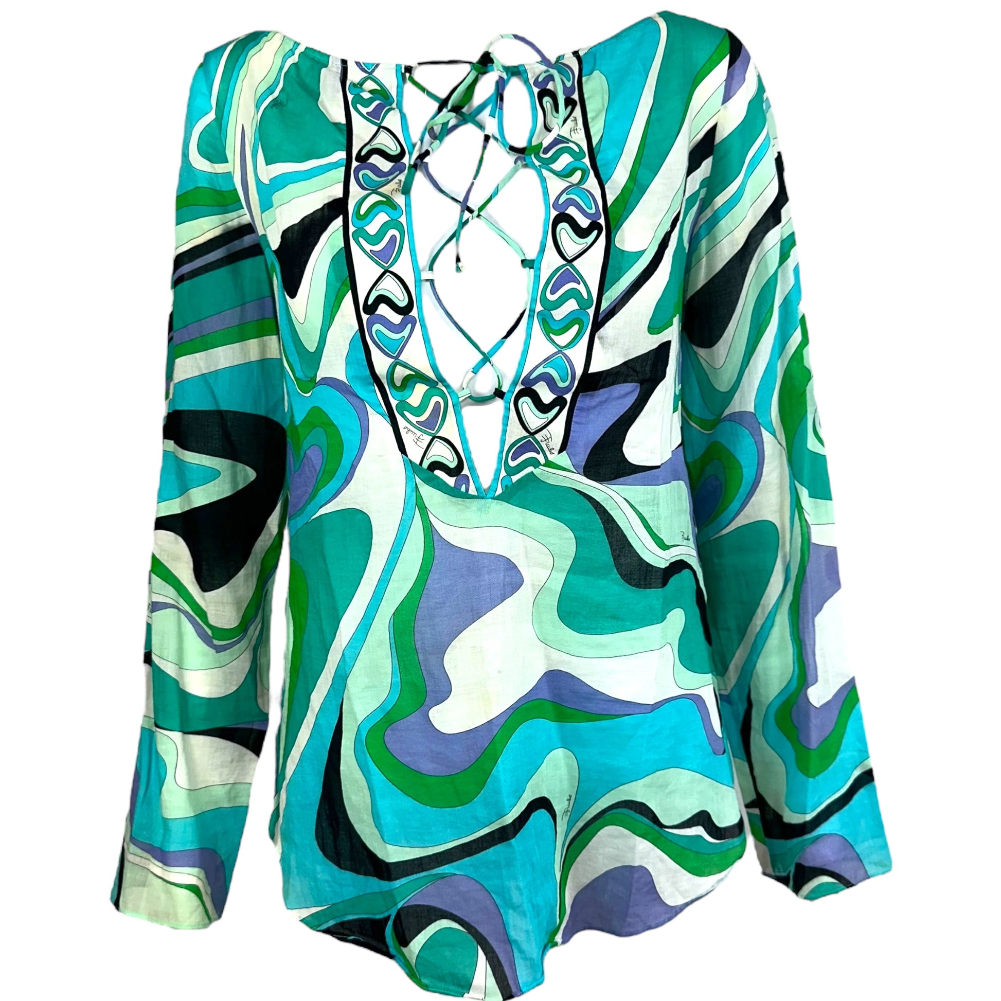 Emilio Pucci Green & Blue Printed Sheer Lace Up Blouse Top - Outfit Repeater