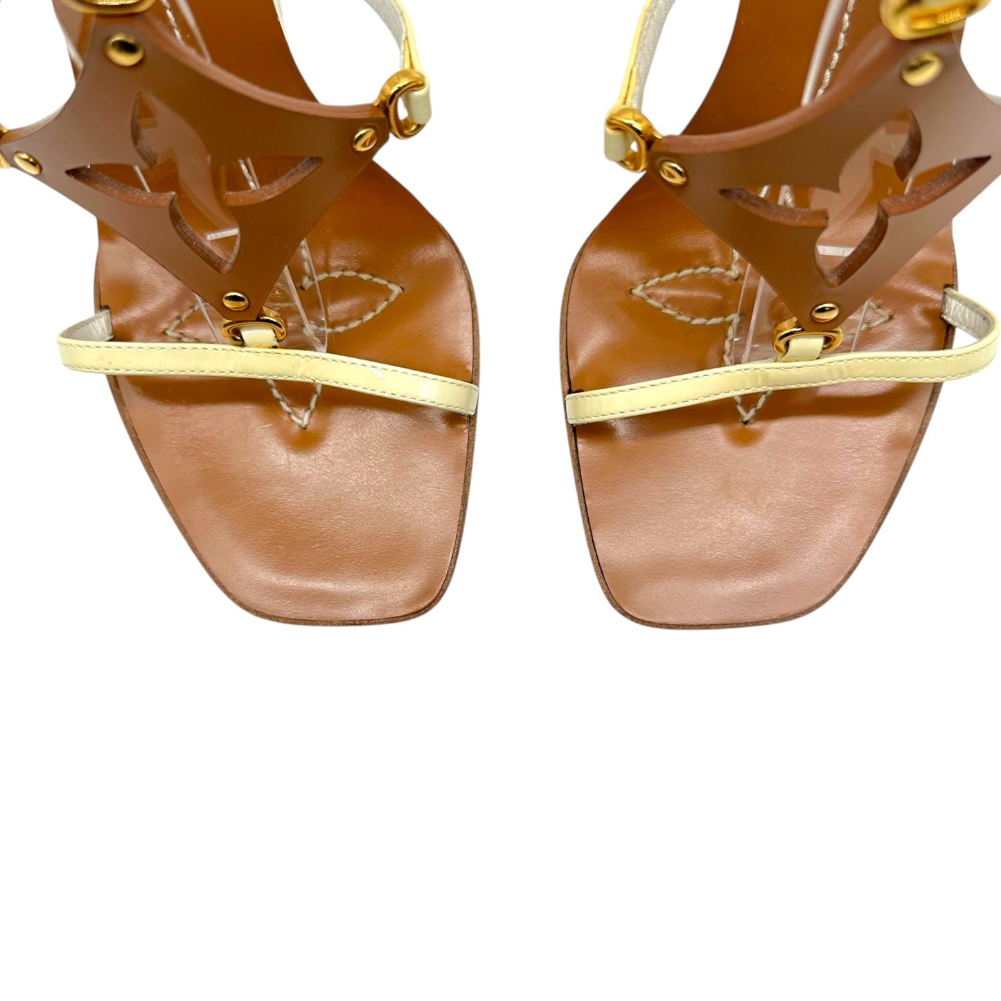 Louis Vuitton Wedge Sandal Heels Ivory Tan Logo Motif