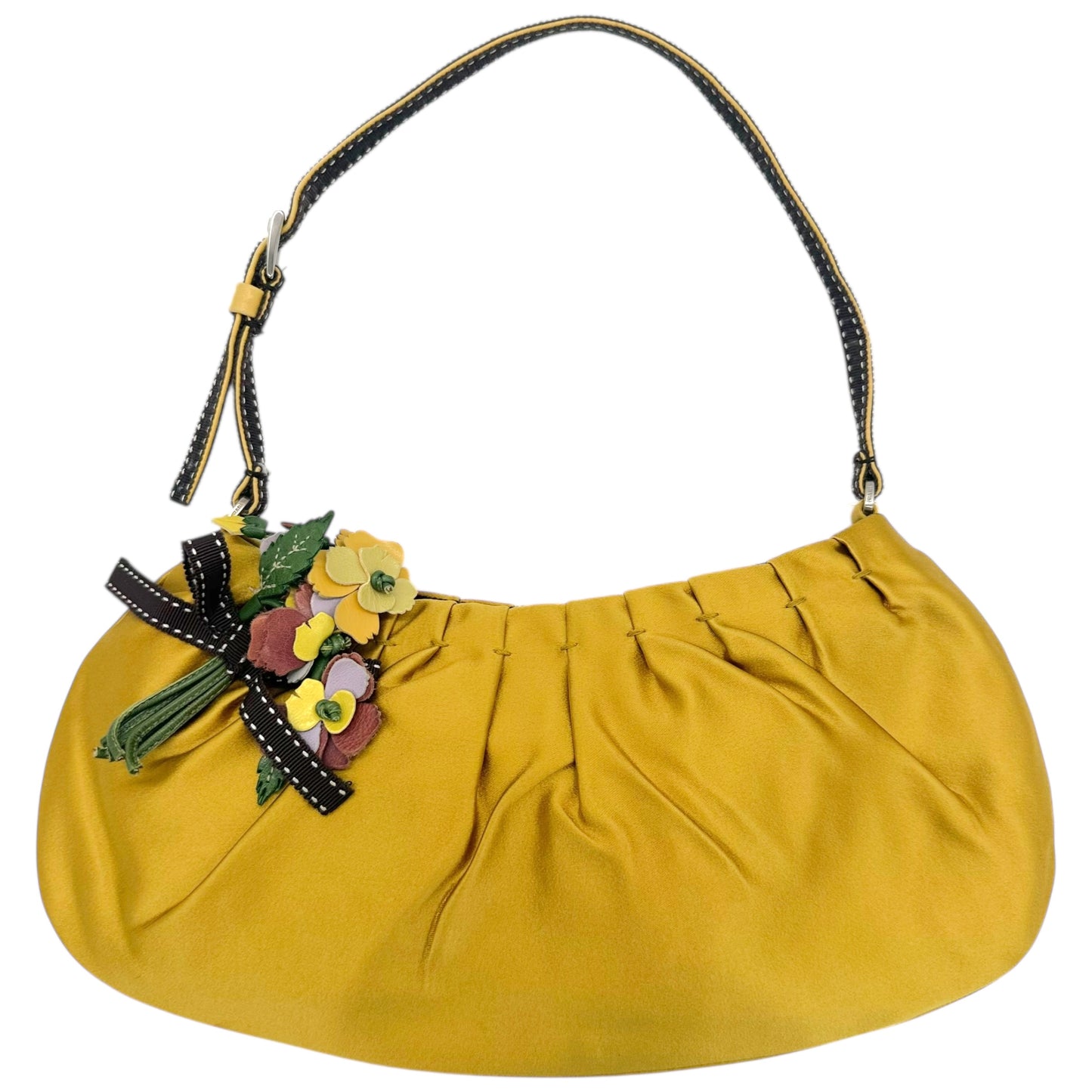 Prada Yellow Silk Floral Applique Shoulder Bag