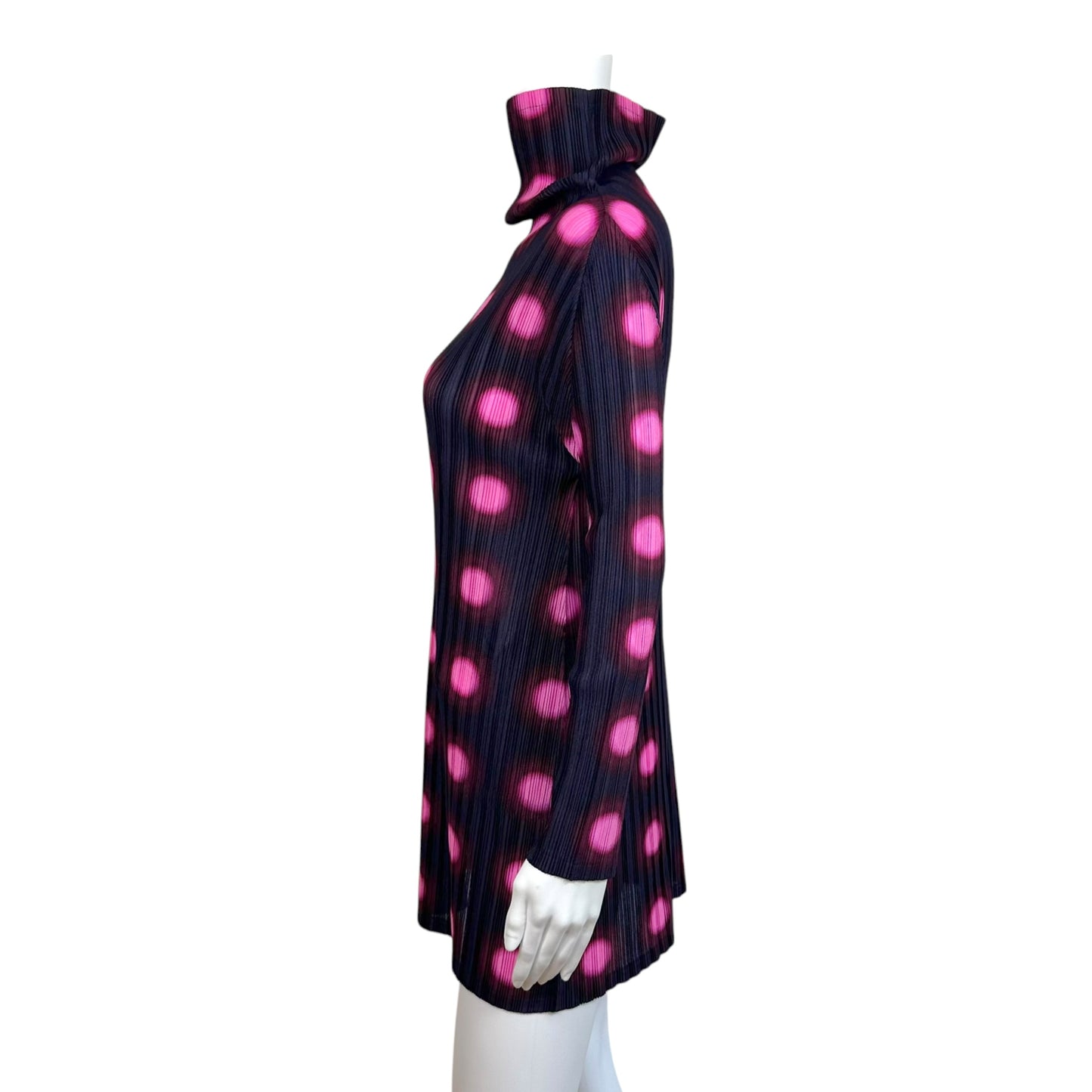 Issey Miyake Pleats Please Navy & Pink Polka Dot Mock Neck Longsleeve Mini Dress