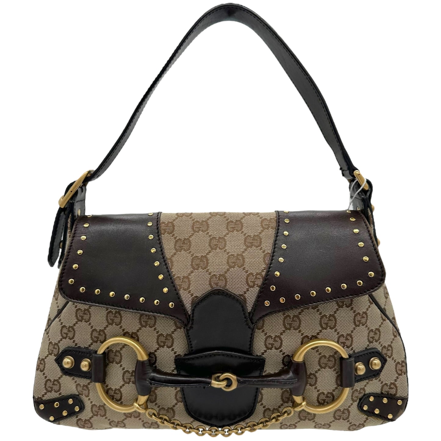 Gucci Studded Tan Monogram Horsebit Bag - Outfit Repeater