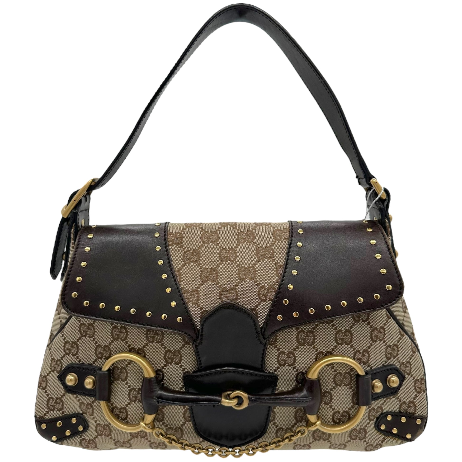 Gucci Studded Tan Monogram Horsebit Bag - Outfit Repeater
