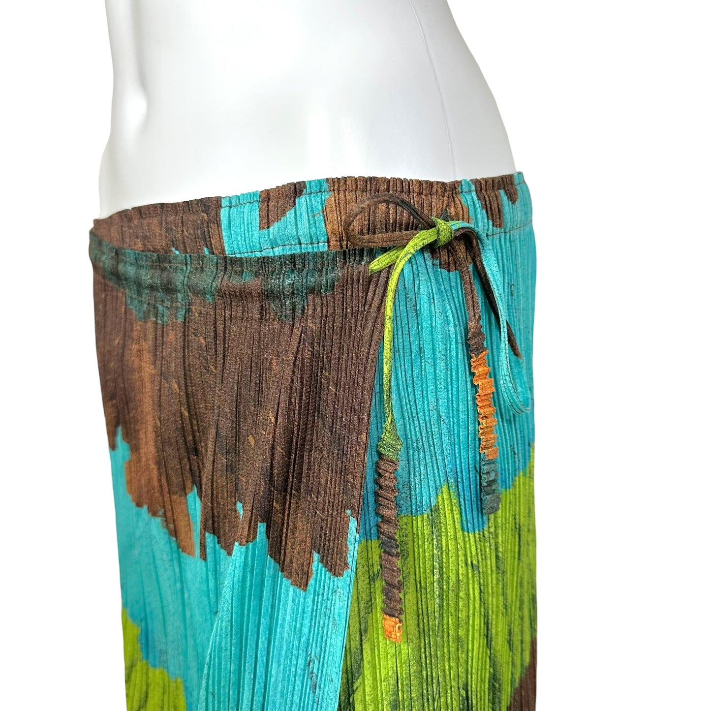 Issey Miyake Pleats Please Turquoise Brown Multi Feather Print Midi Wrap Skirt