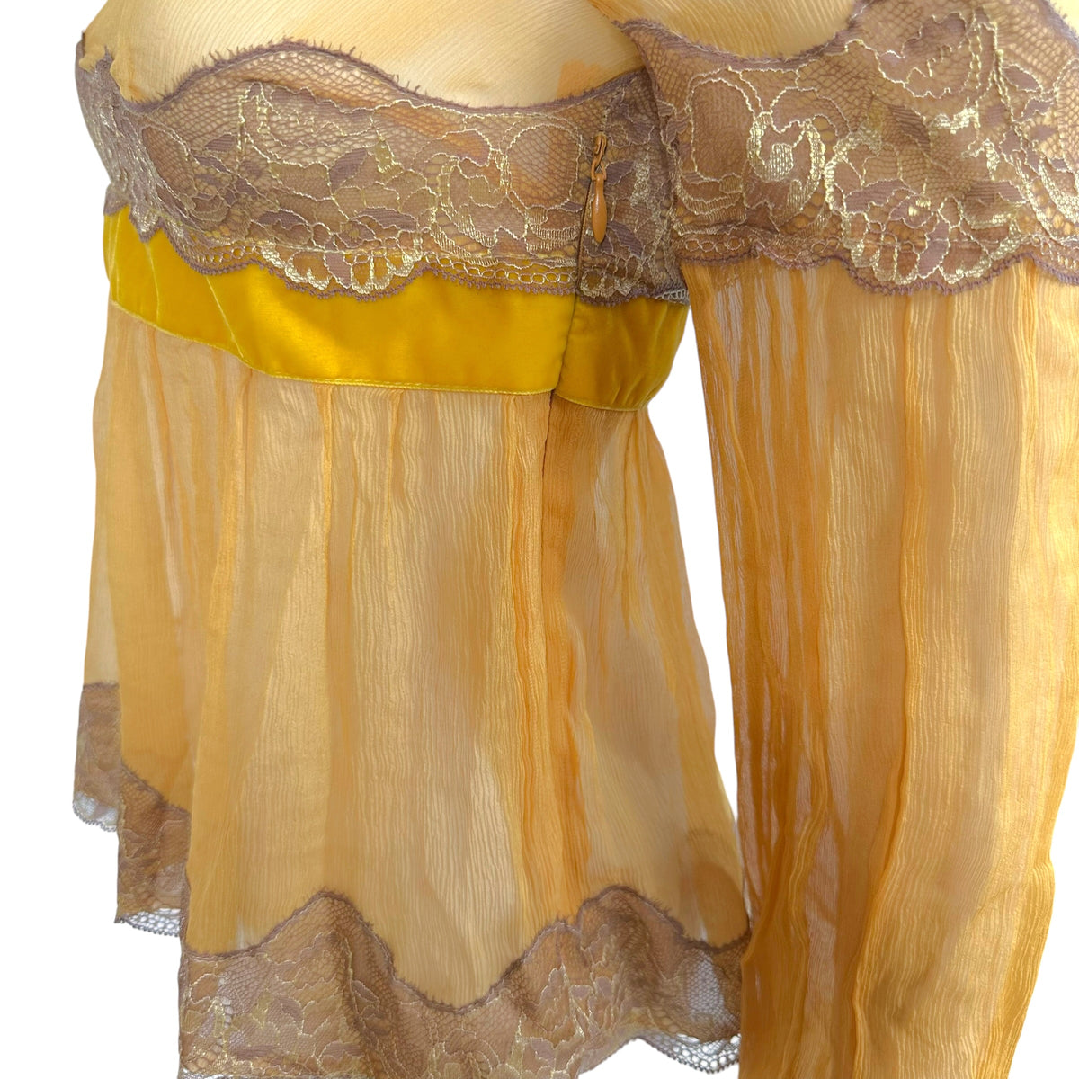 Dolce & Gabbana Gold Sheer Silk Blouse with Taupe Lace
