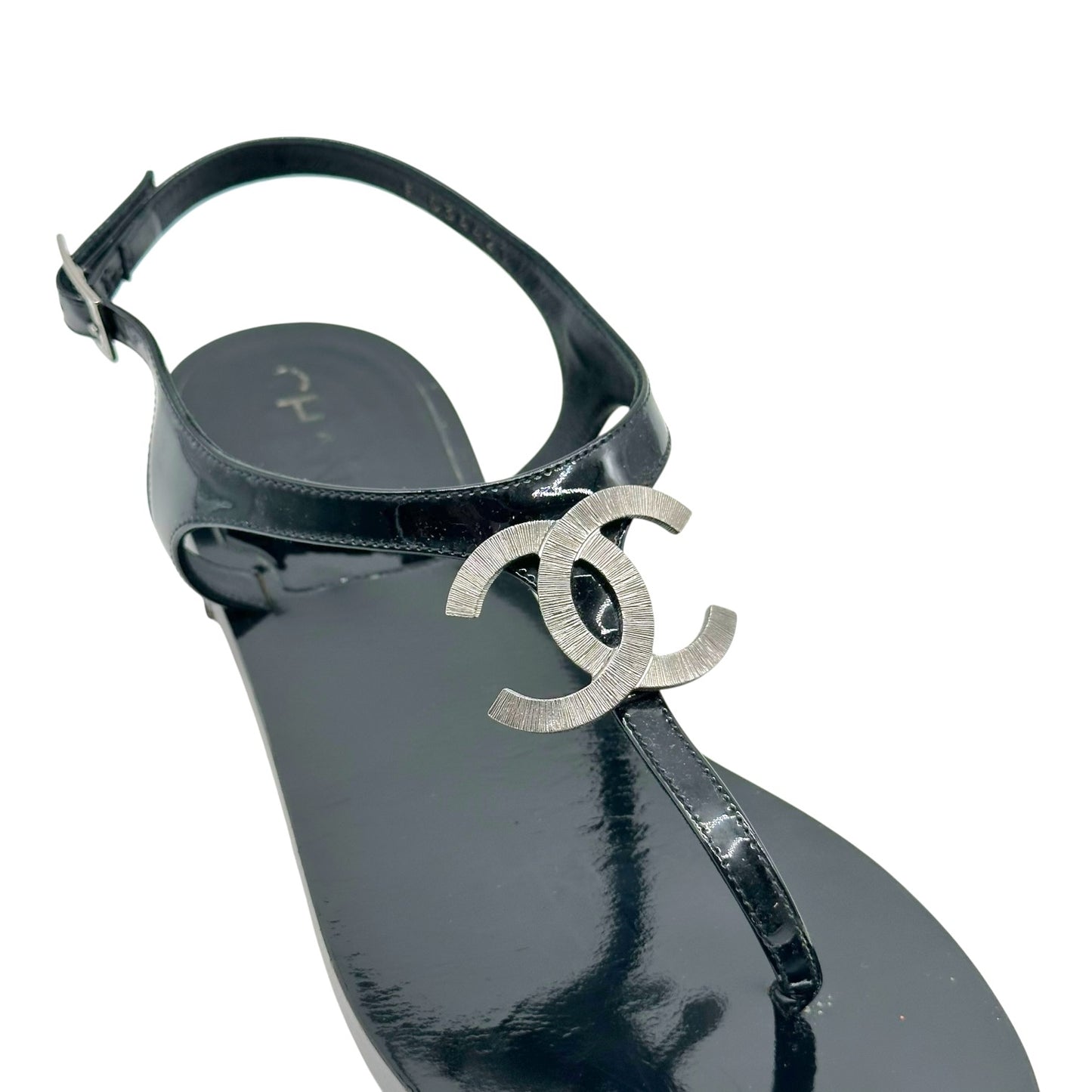 Chanel Black Patent Leather CC Logo Thong Sandals