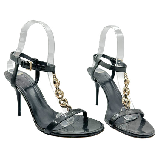 Gucci Black Patent Leather Gold Chain Link Heeled Sandals
