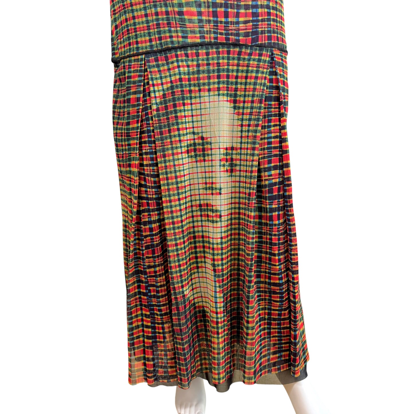 Jean Paul Gaultier Multicolor Plaid Face Print Mesh Maxi Skirt
