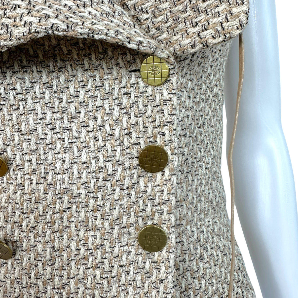 Chanel Tweed Vest Beige Ivory Gold Logo Button