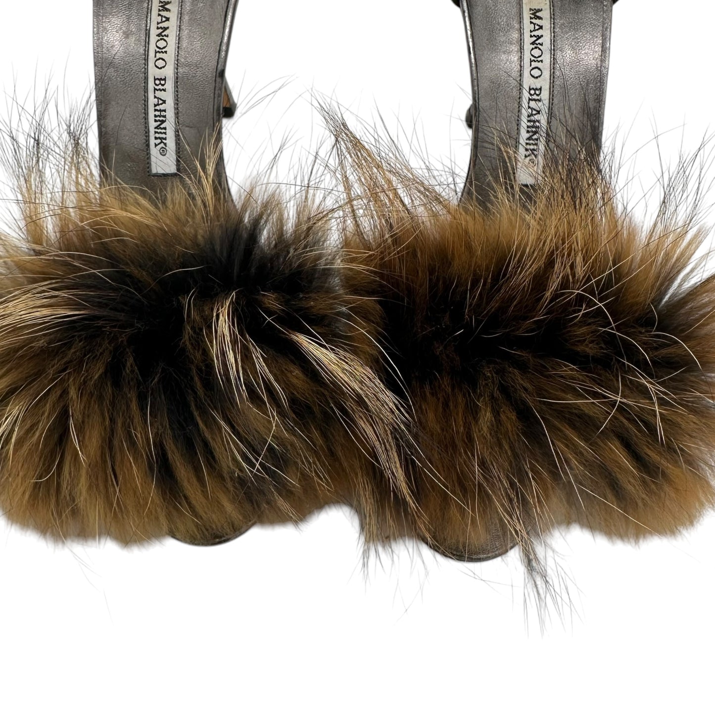 Manolo Blahnik Metallic Silver & Brown Fox Fur D'Orsay Heels